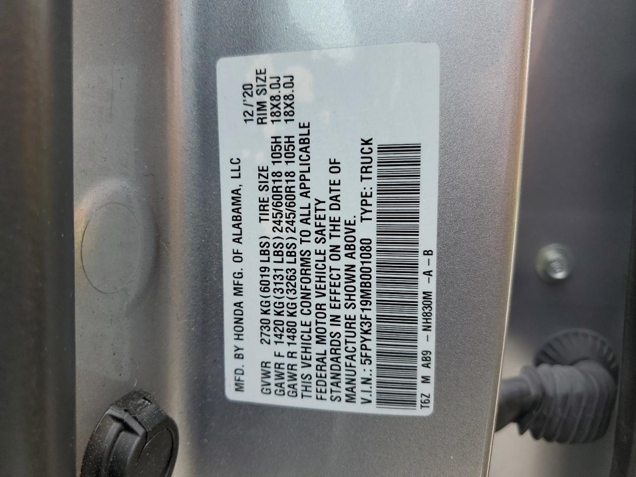 2021 Honda Ridgeline VIN 5FPYK3F19MB001080 Copart auction photo, side / front end damage thumbnail 14