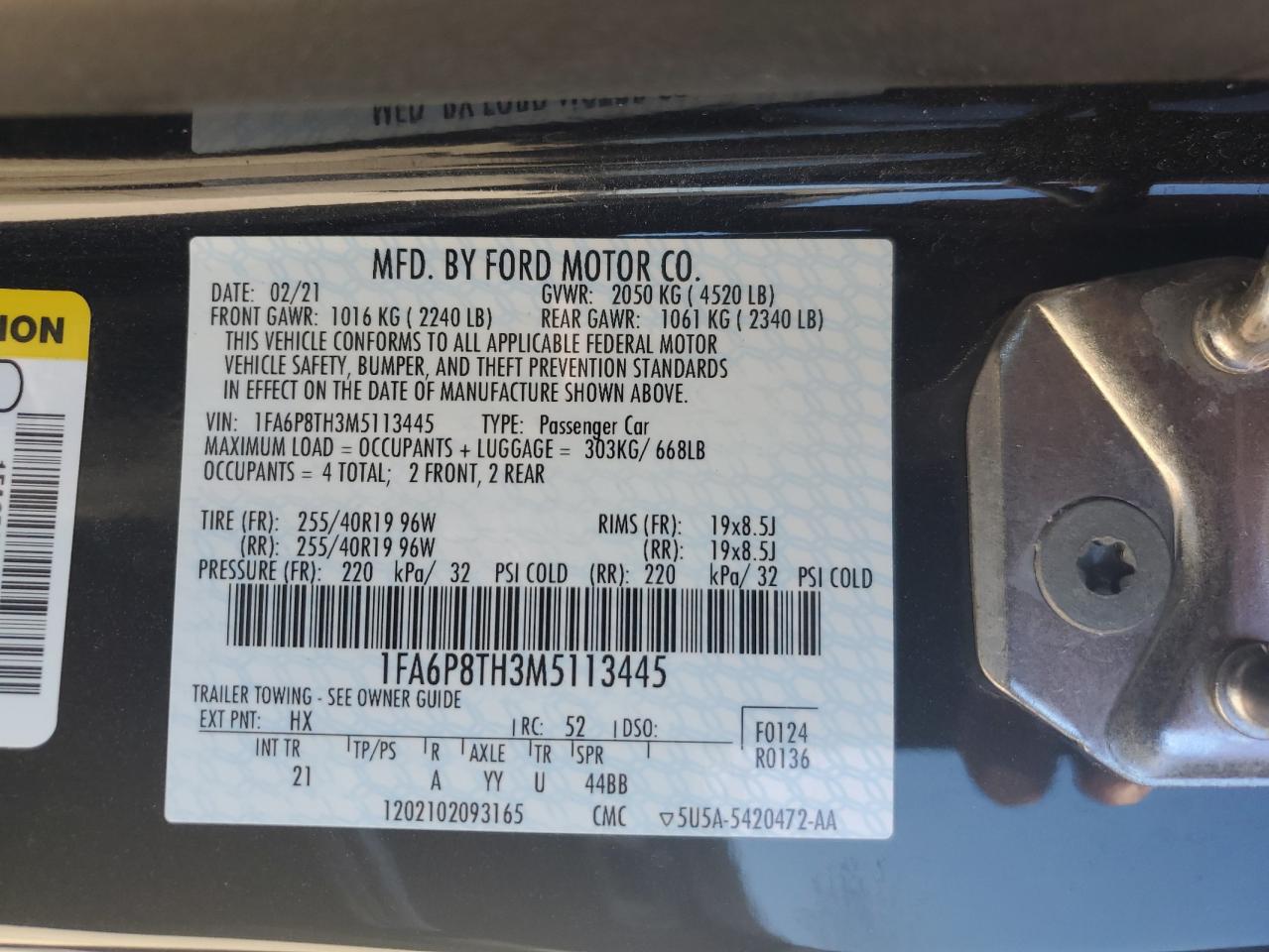 2021 Ford Mustang VIN 1FA6P8TH3M5113445 Copart auction photo, front end damage thumbnail 12