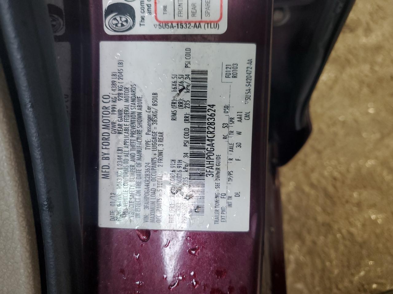 2012 Ford Fusion VIN 3FAHP0GA4CR283624 Copart auction photo, minor dent/scratches damage thumbnail 12