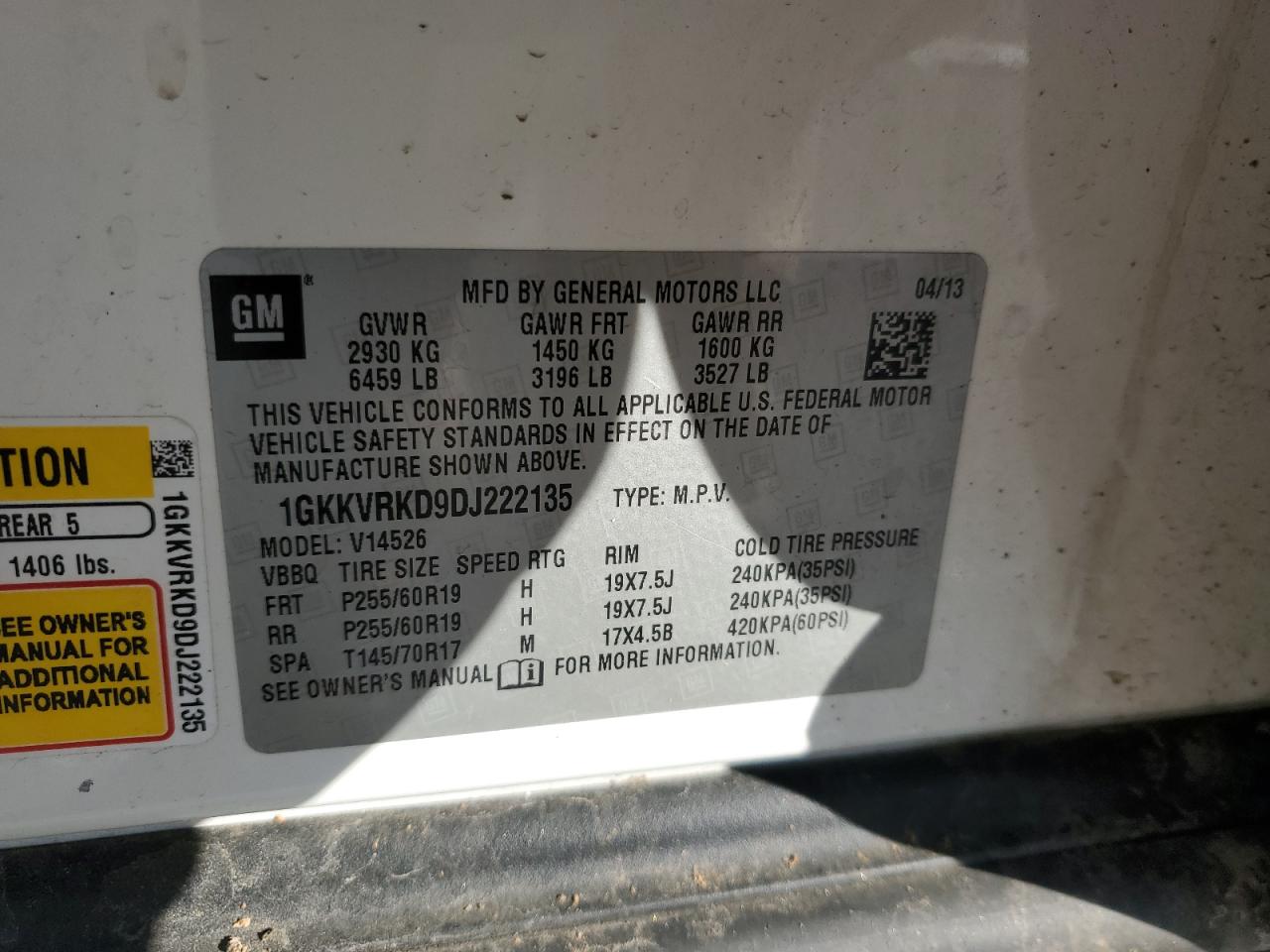 2013 GMC Acadia VIN 1GKKVRKD9DJ222135 Copart auction photo, front end / side damage thumbnail 15