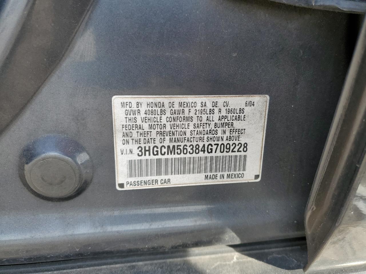 2004 Honda Accord VIN 3HGCM56384G709228 Copart auction photo, side / minor dent/scratches damage thumbnail 14