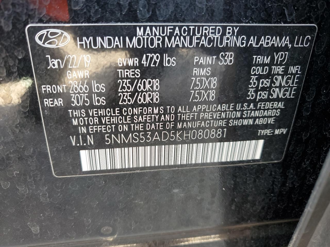 2019 Hyundai Santa Fe VIN 5NMS53AD5KH080881 Copart auction photo, front end damage thumbnail 16