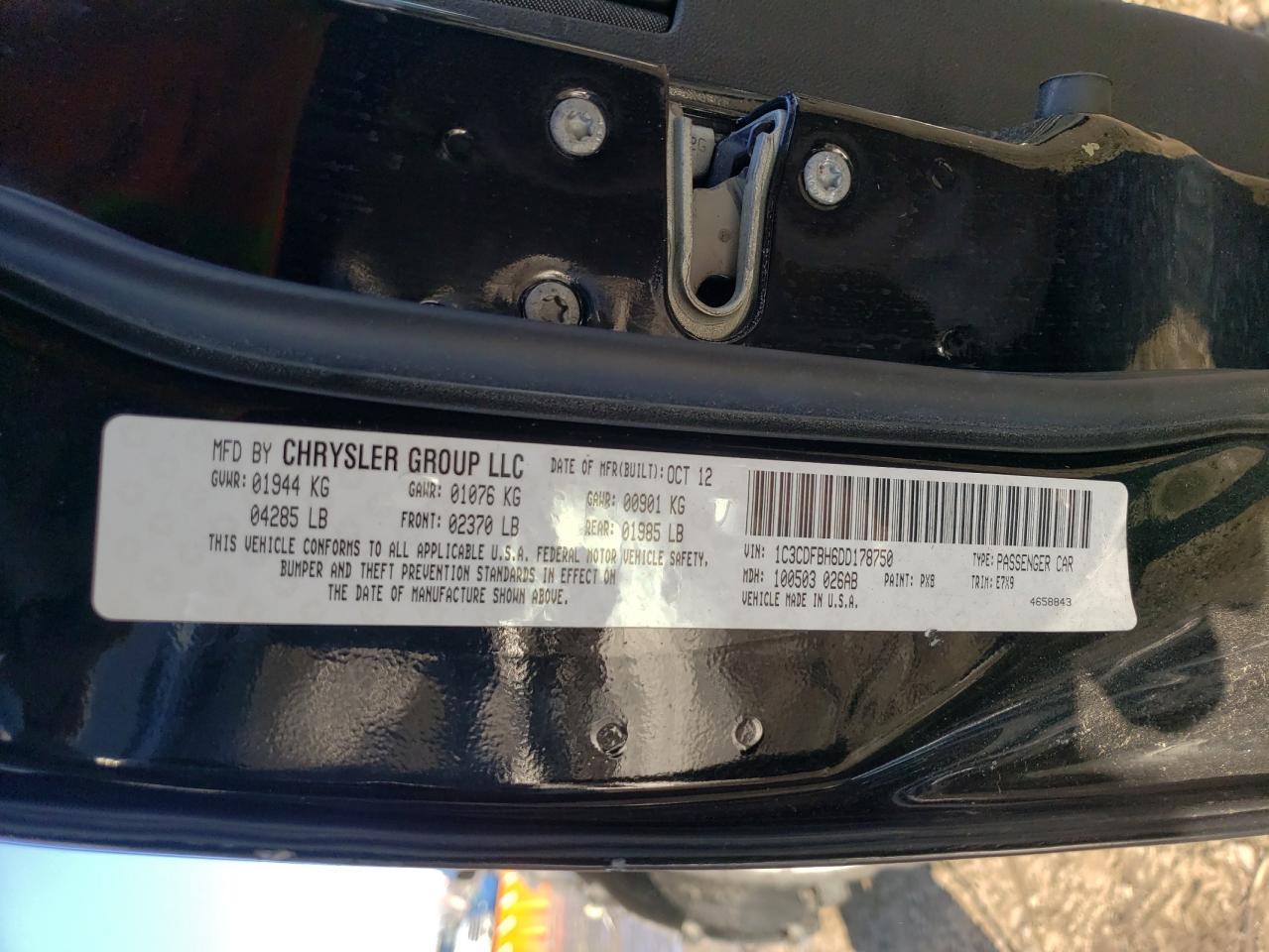 2013 Dodge Dart VIN 1C3CDFBH6DD178750 Copart auction photo, front end damage thumbnail 13