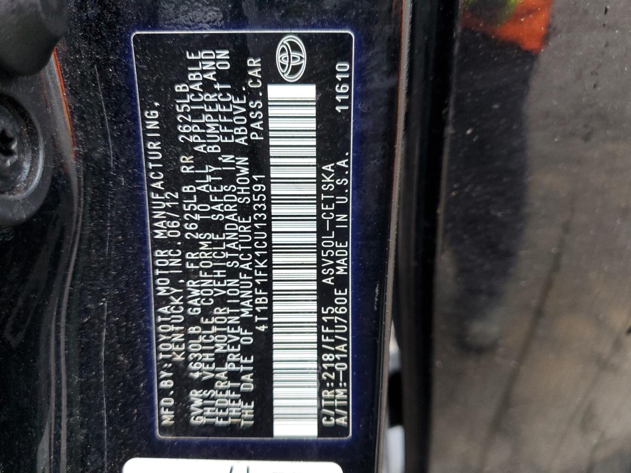 2012 Toyota Camry VIN 4T1BF1FK1CU133591 Copart auction photo, front end / side damage thumbnail 13