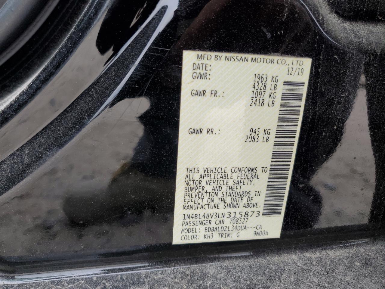 2020 Nissan Altima VIN 1N4BL4BV3LN315873 Copart auction photo, front end / minor dent/scratches damage thumbnail 13
