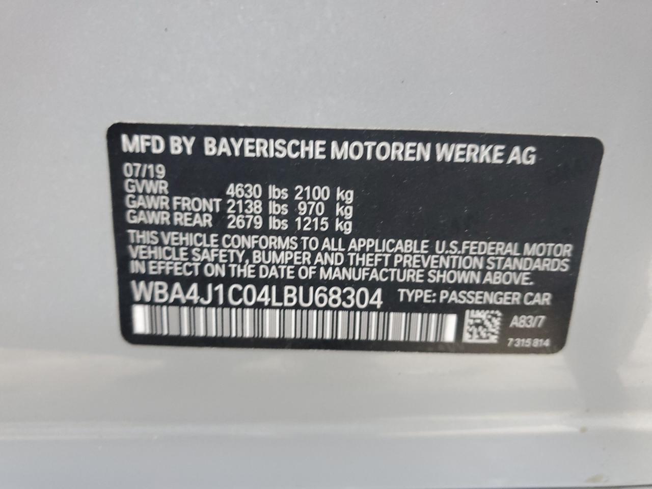 2020 BMW 4er VIN WBA4J1C04LBU68304 Copart auction photo, front end damage thumbnail 15