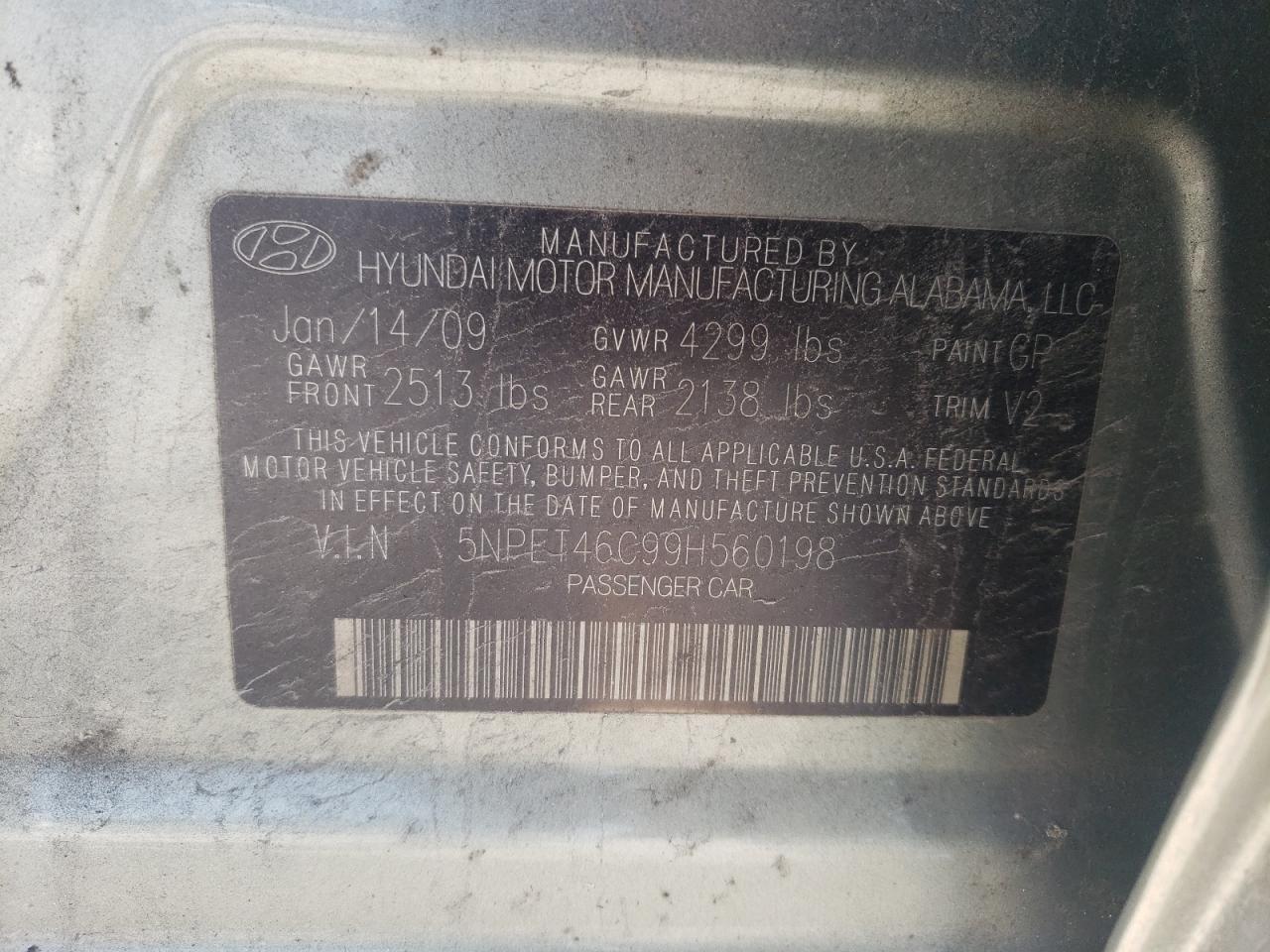 2009 Hyundai Sonata VIN 5NPET46C99H560198 Copart auction photo, mechanical / front end damage thumbnail 13