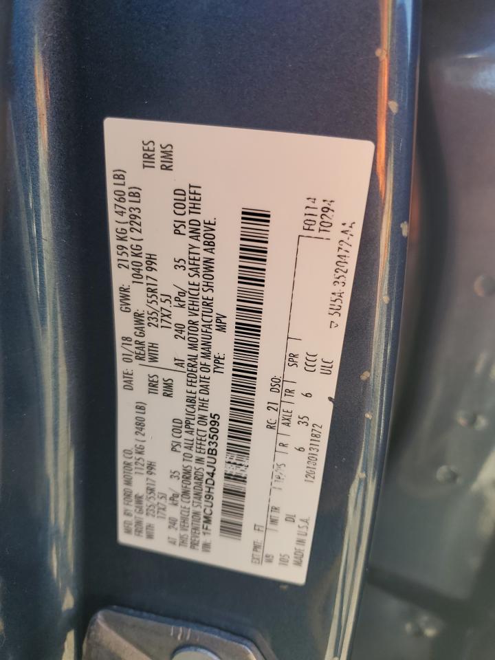 2018 Ford Escape VIN 1FMCU9HD4JUB35095 Copart auction photo, front end damage thumbnail 14
