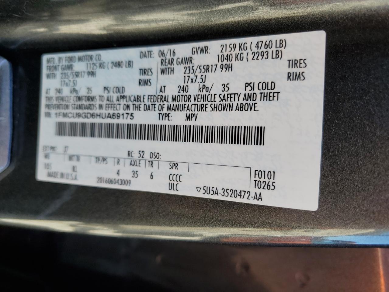 2017 Ford Escape VIN 1FMCU9GD6HUA69175 Copart auction photo, front end damage thumbnail 14