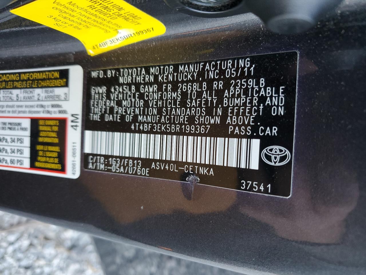 2011 Toyota Camry VIN 4T4BF3EK5BR199367 Copart auction photo, front end / minor dent/scratches damage thumbnail 12