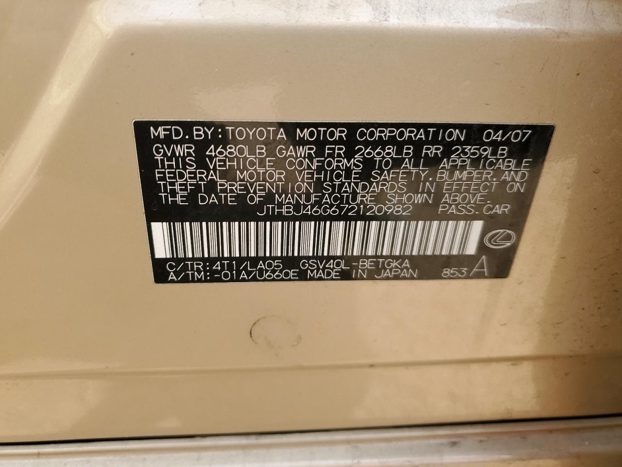 2007 Lexus ES VIN JTHBJ46G672120982 Copart auction photo, front end damage thumbnail 14