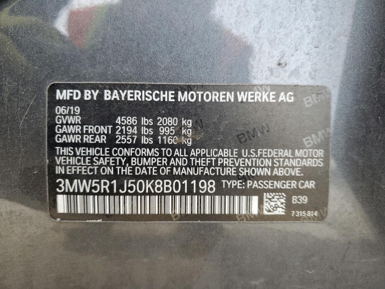 2019 BMW 3er VIN 3MW5R1J50K8B01198 Copart auction photo, all over / hail damage thumbnail 13