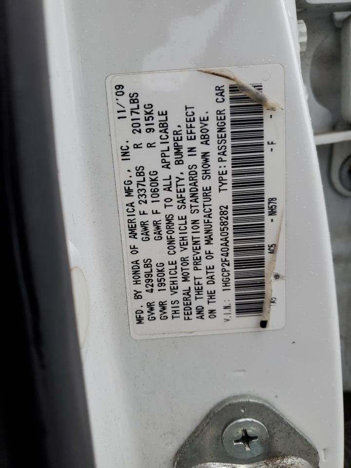 2010 Honda Accord VIN 1HGCP2F40AA058282 Copart auction photo, rear end / side damage thumbnail 12