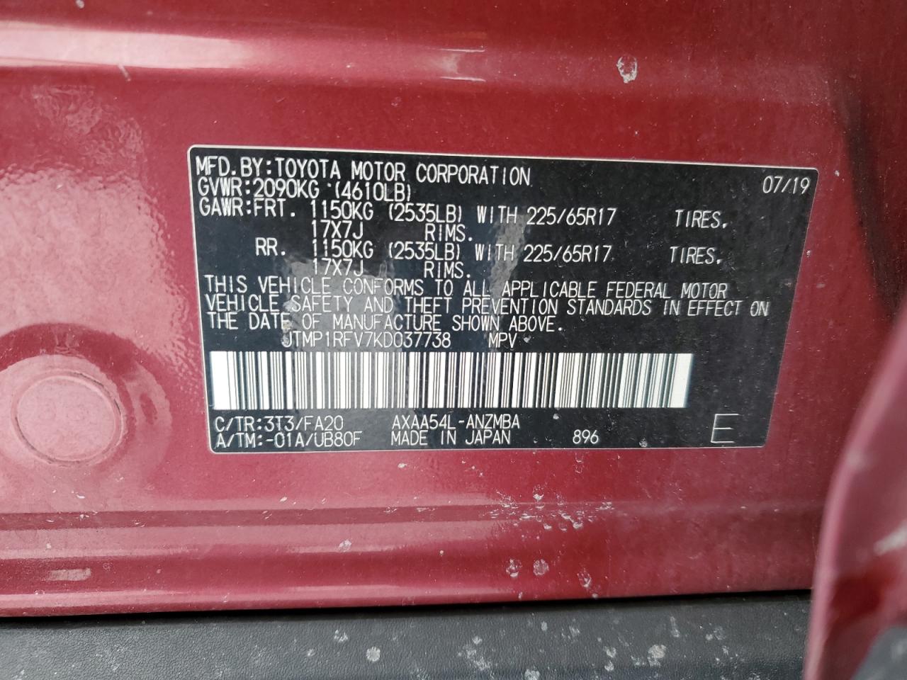 2019 Toyota RAV 4 VIN JTMP1RFV7KD037738 Copart auction photo, rear end damage thumbnail 13