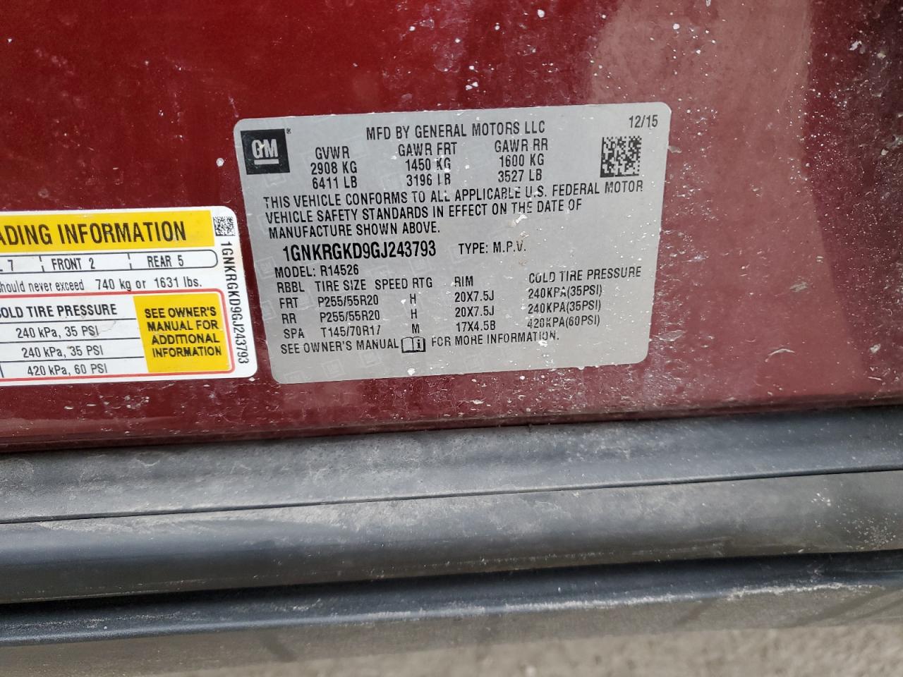 2016 Chevrolet Traverse VIN 1GNKRGKD9GJ243793 Copart auction photo, front end / side damage thumbnail 12