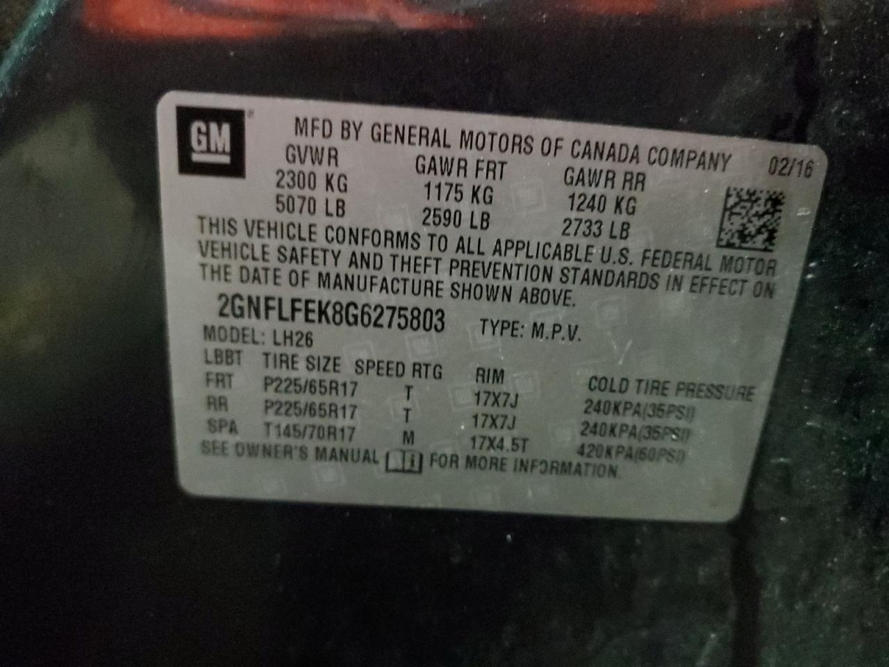 2016 Chevrolet Equinox VIN 2GNFLFEK8G6275803 Copart auction photo, side / all over damage thumbnail 13