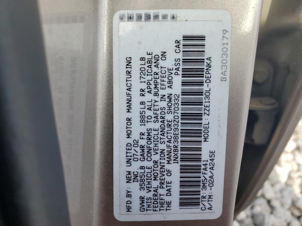 2003 Toyota Corolla VIN 1NXBR38E93Z070332 Copart auction photo, side / minor dent/scratches damage thumbnail 12