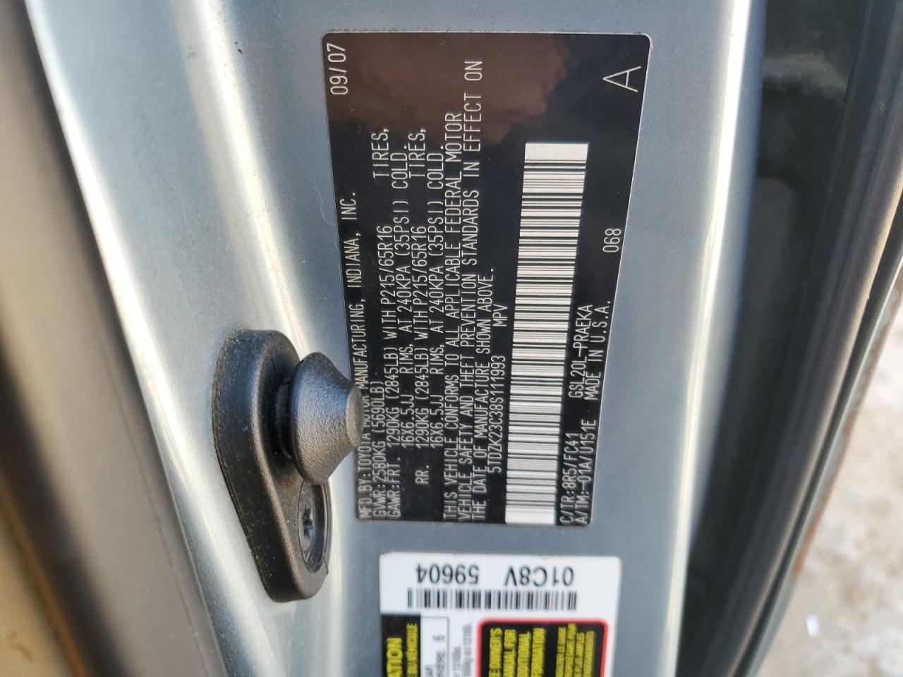 2008 Toyota Sienna VIN 5TDZK23C38S111993 Copart auction photo, all over damage thumbnail 15