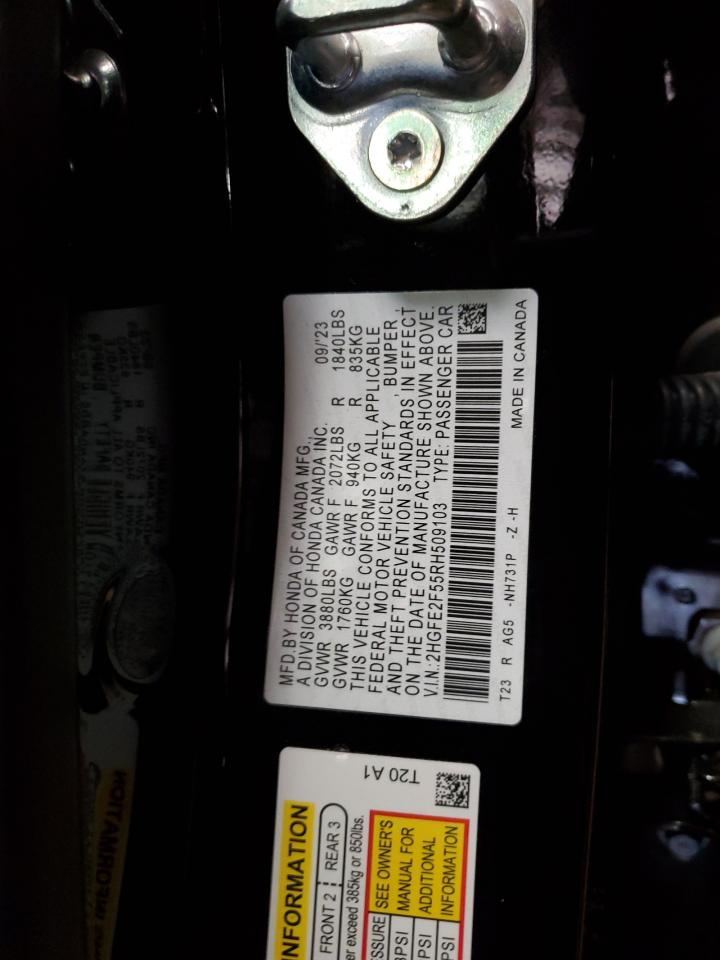 2024 Honda Civic VIN 2HGFE2F55RH509103 Copart auction photo, front end damage thumbnail 12