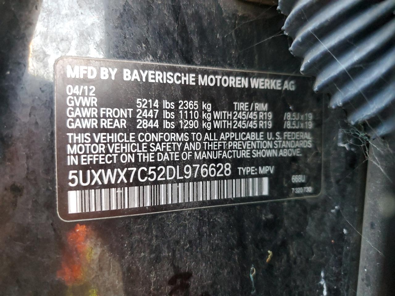 2013 BMW X3 VIN 5UXWX7C52DL976628 Copart auction photo, front end damage thumbnail 15