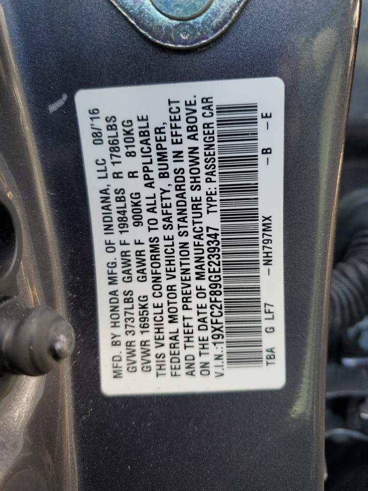 2016 Honda Civic VIN 19XFC2F89GE239347 Copart auction photo, front end / minor dent/scratches damage thumbnail 13