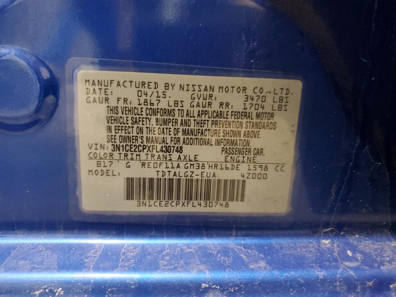 2015 Nissan Versa VIN 3N1CE2CPXFL430748 Copart auction photo, front end / side damage thumbnail 14