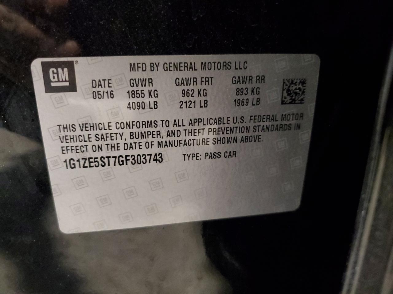 2016 Chevrolet Malibu VIN 1G1ZE5ST7GF303743 Copart auction photo, rear end / minor dent/scratches damage thumbnail 12