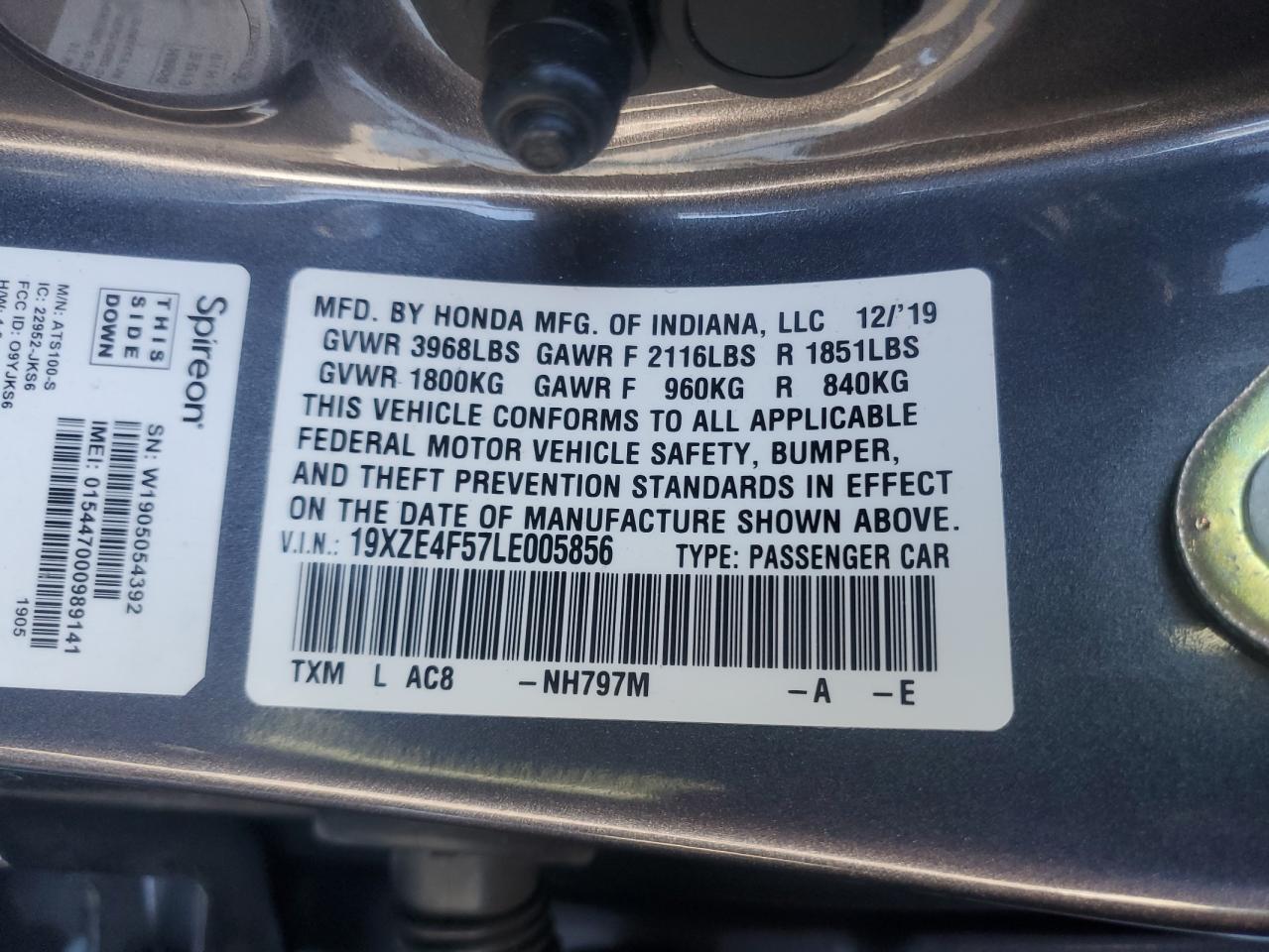 2020 Honda Insight VIN 19XZE4F57LE005856 Copart auction photo, front end / undercarriage damage thumbnail 14