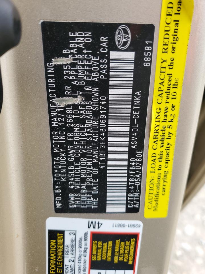 2011 Toyota Camry VIN 4T1BF3EK4BU691740 Copart auction photo, front end / side damage thumbnail 12