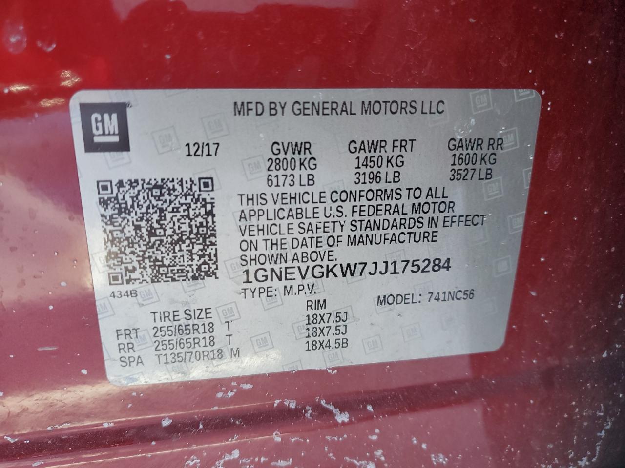 2018 Chevrolet Traverse VIN 1GNEVGKW7JJ175284 Copart auction photo, rear end / side damage thumbnail 14