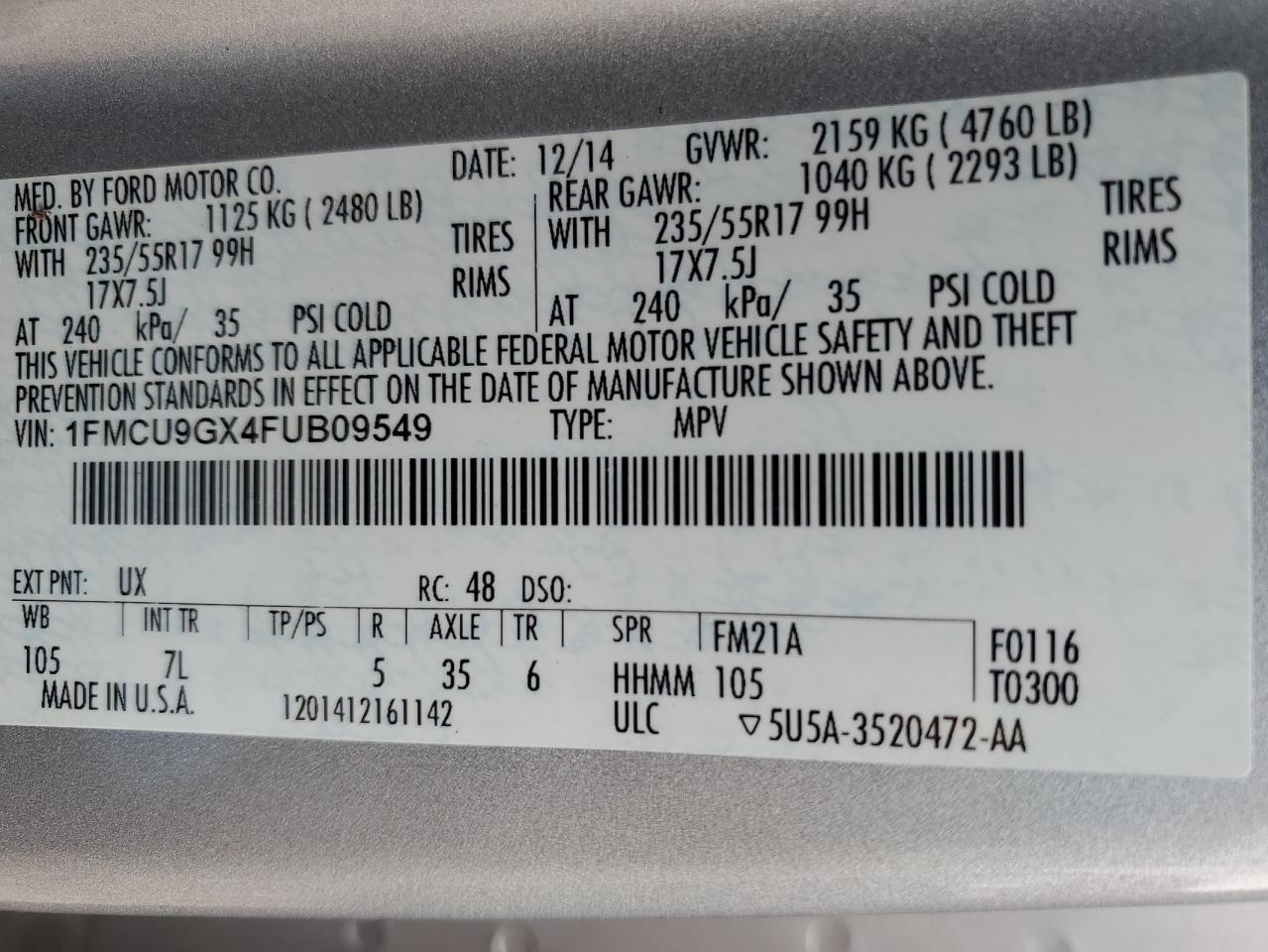 2015 Ford Escape VIN 1FMCU9GX4FUB09549 Copart auction photo, side / front end damage thumbnail 14