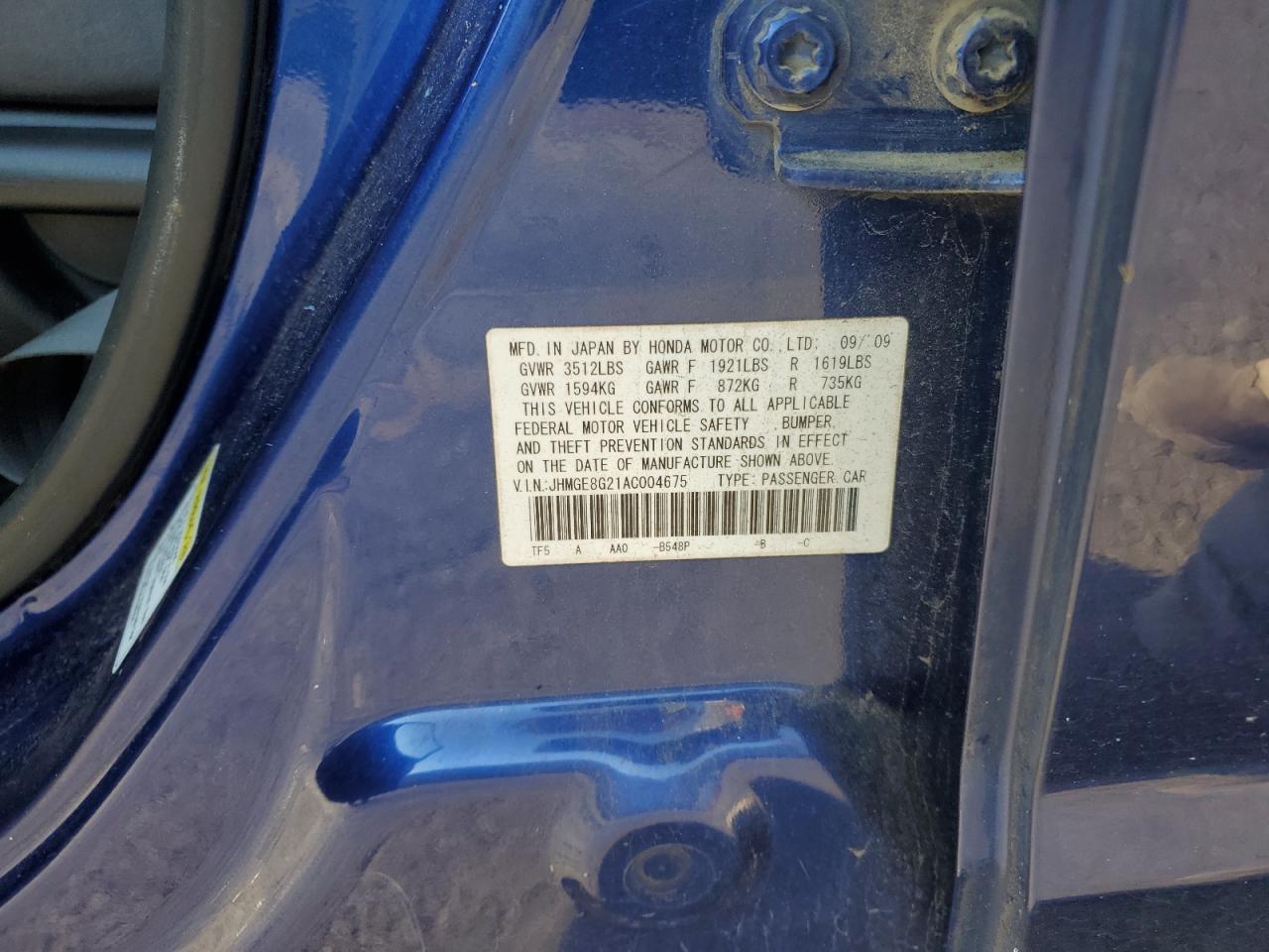 2010 Honda Fit VIN JHMGE8G21AC004675 Copart auction photo, side / undercarriage damage thumbnail 15