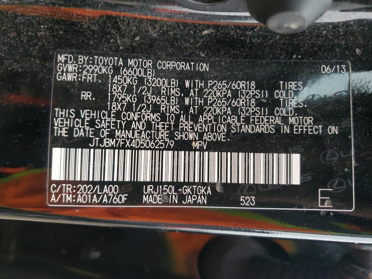 2013 Lexus GX VIN JTJBM7FX4D5062579 Copart auction photo, front end / rear end damage thumbnail 12