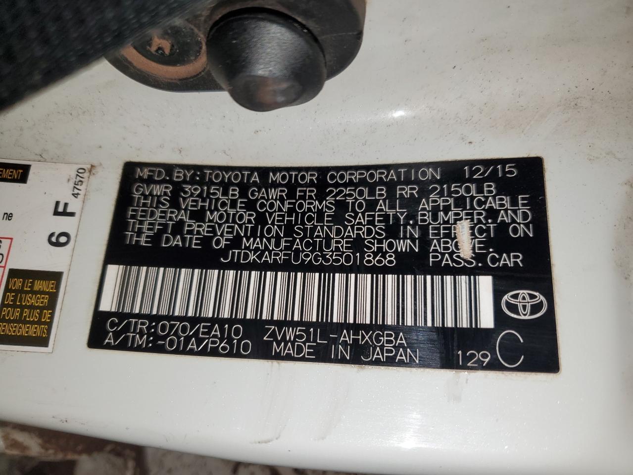 2016 Toyota Prius VIN JTDKARFU9G3501868 Copart auction photo, all over damage thumbnail 14
