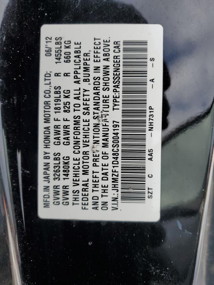 2012 Honda CR-Z VIN JHMZF1D48CS004197 Copart auction photo, front end / side damage thumbnail 12