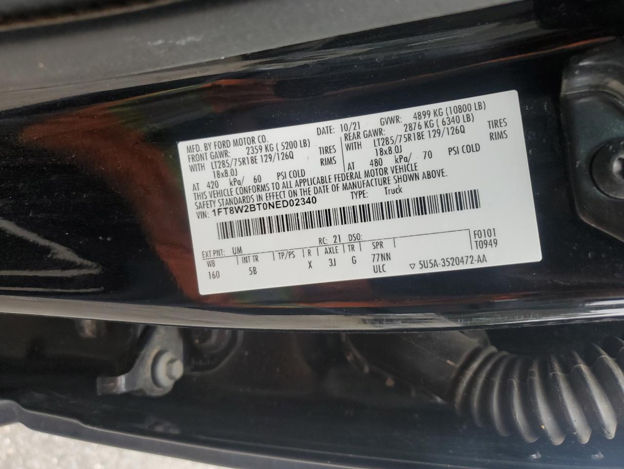 2022 Ford F250 VIN 1FT8W2BT0NED02340 Copart auction photo, front end / rear end damage thumbnail 14