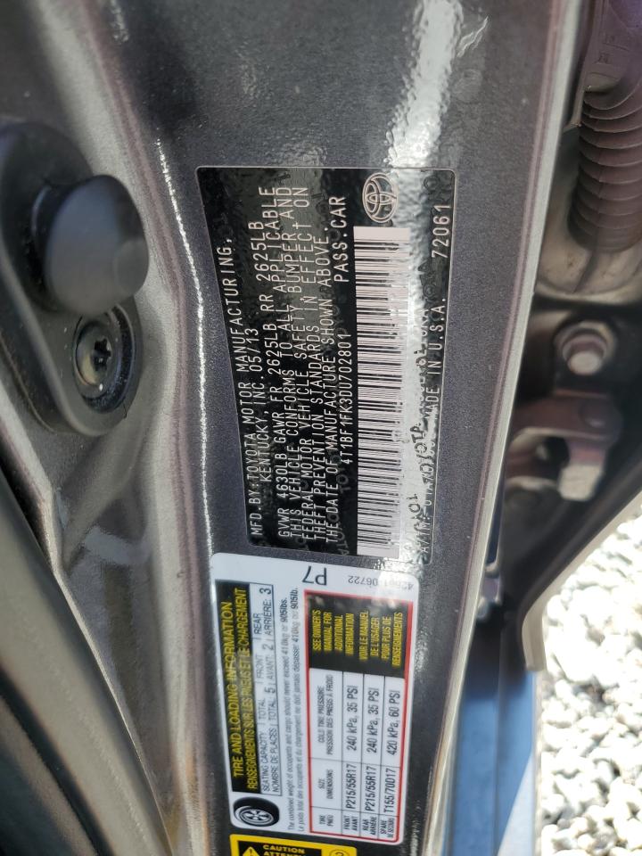 2013 Toyota Camry VIN 4T1BF1FK3DU702801 Copart auction photo, water/flood damage thumbnail 13