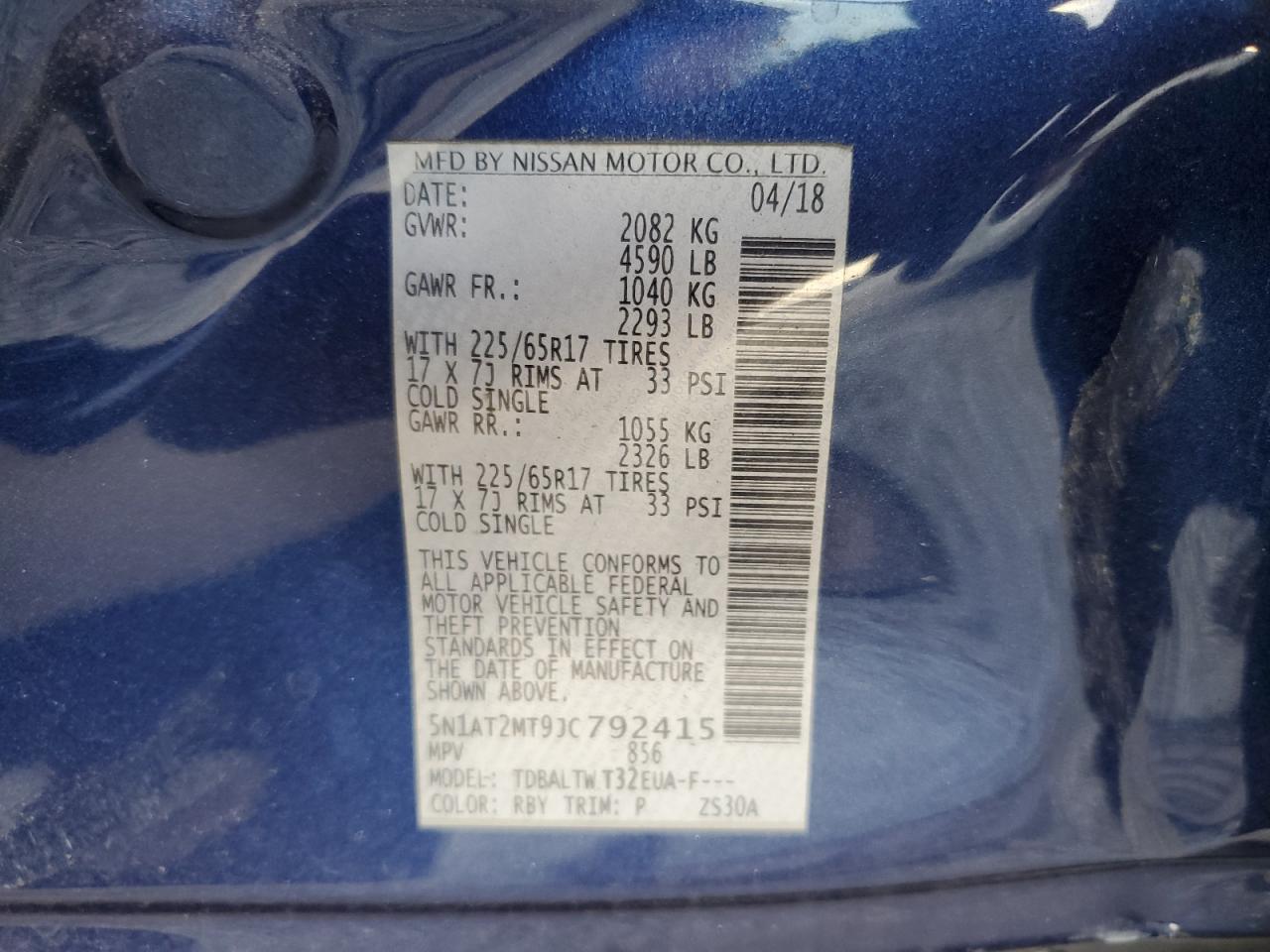 2018 Nissan Rogue VIN 5N1AT2MT9JC792415 Copart auction photo, side damage thumbnail 14