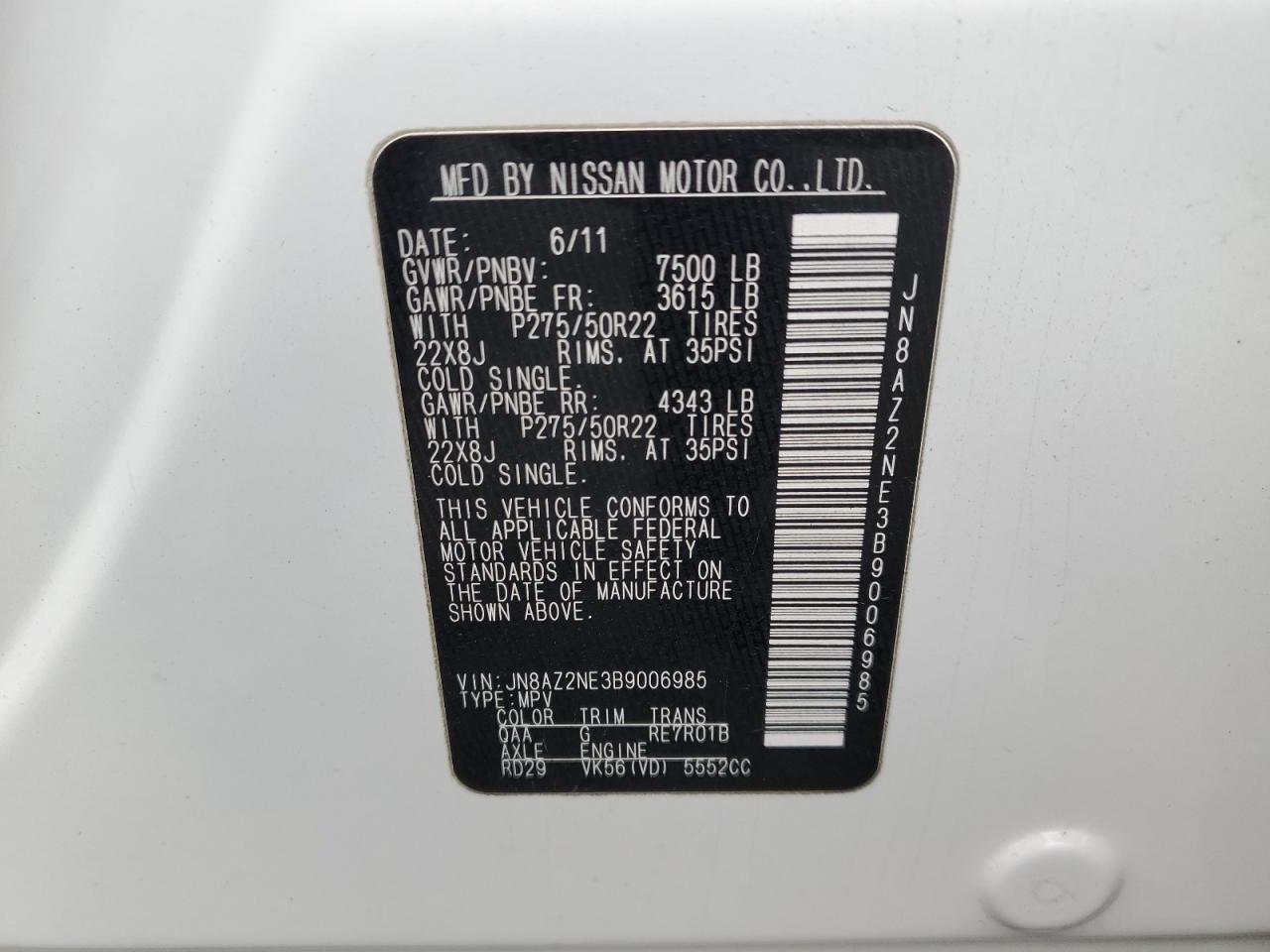 2011 Infiniti QX56 VIN JN8AZ2NE3B9006985 Copart auction photo, front end damage thumbnail 14
