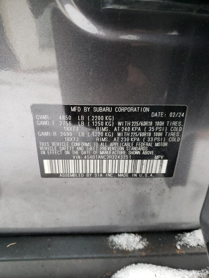 2024 Subaru Outback VIN 4S4BTANC3R3243351 Copart auction photo, front end / side damage thumbnail 13
