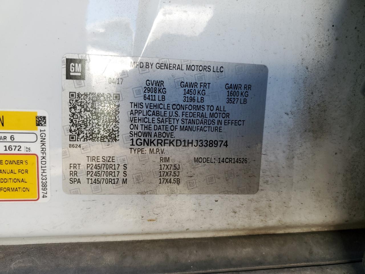 2017 Chevrolet Traverse VIN 1GNKRFKD1HJ338974 Copart auction photo, front end damage thumbnail 15