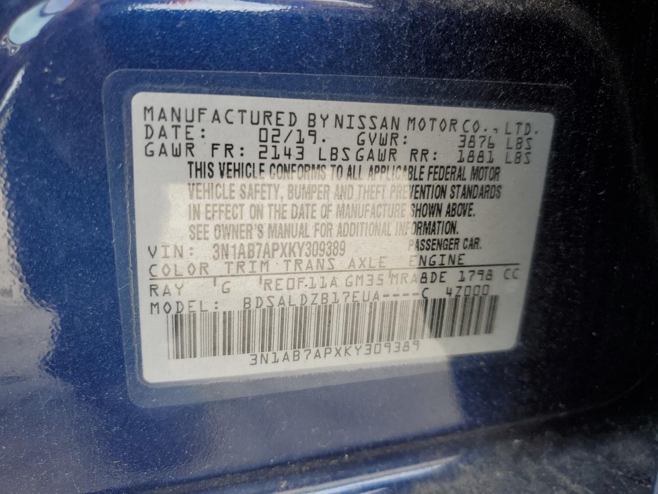 2019 Nissan Sentra VIN 3N1AB7APXKY309389 Copart auction photo, front end / side damage thumbnail 13
