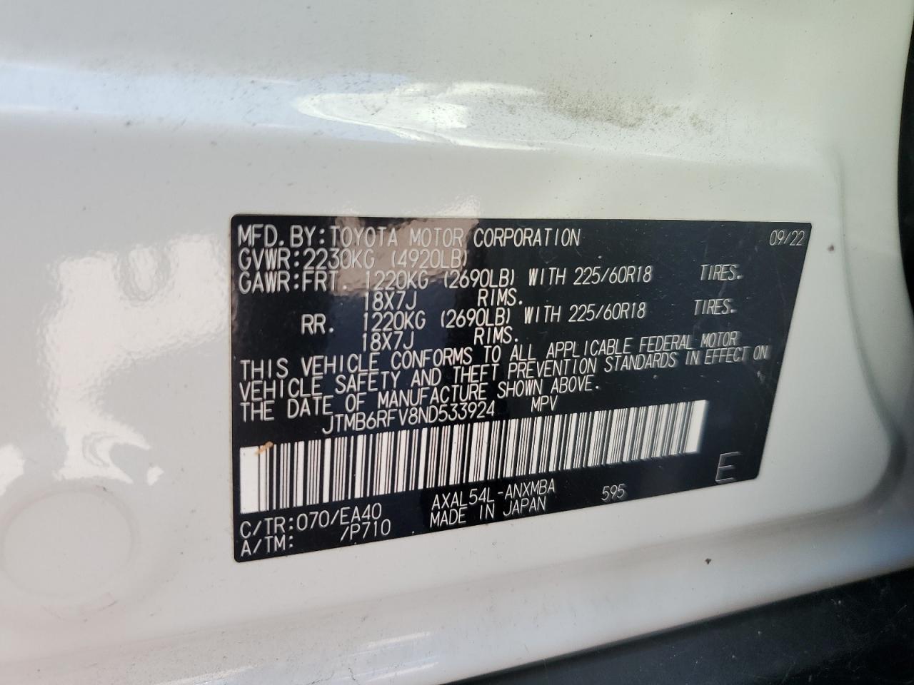 2022 Toyota RAV 4 VIN JTMB6RFV8ND533924 Copart auction photo, rear end damage thumbnail 15