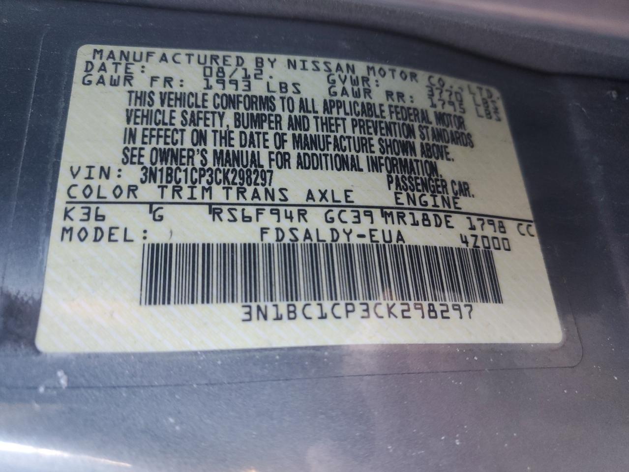 2012 Nissan Versa VIN 3N1BC1CP3CK298297 Copart auction photo, all over damage thumbnail 14