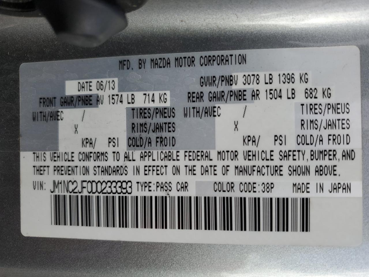 2013 Mazda MX-5 VIN JM1NC2JF0D0233393 Copart auction photo, side / rear end damage thumbnail 12