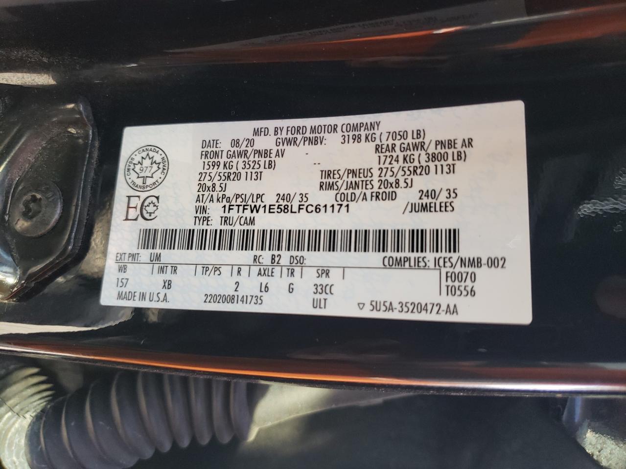 2020 Ford F-150 VIN 1FTFW1E58LFC61171 Copart auction photo, front end damage thumbnail 14