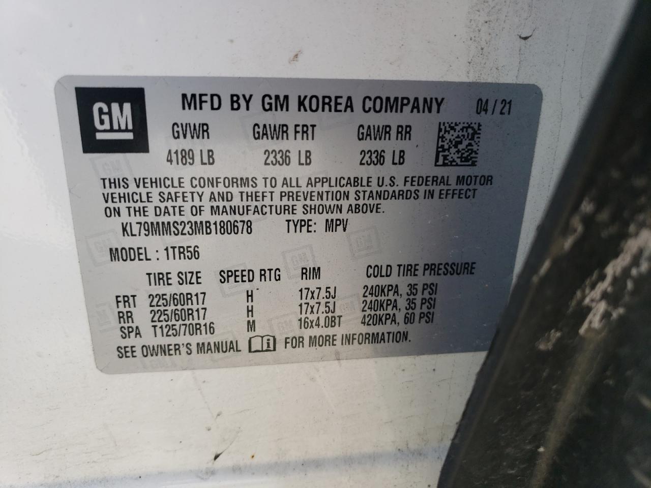 2021 Chevrolet TrailBlazer VIN KL79MMS23MB180678 Copart auction photo, side / hail damage thumbnail 15