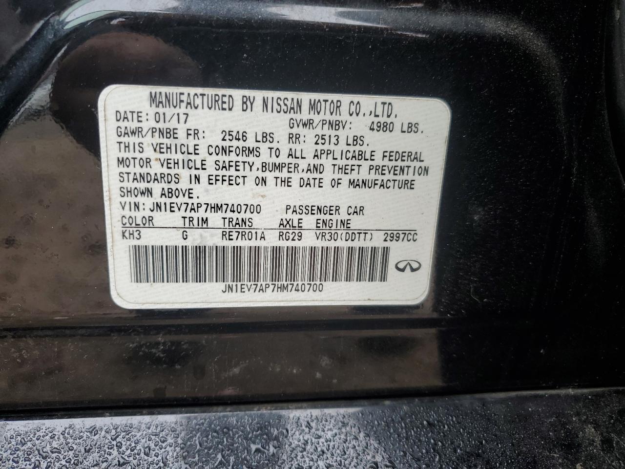 2017 Infiniti Q50 VIN JN1EV7AP7HM740700 Copart auction photo, front end / rear end damage thumbnail 15