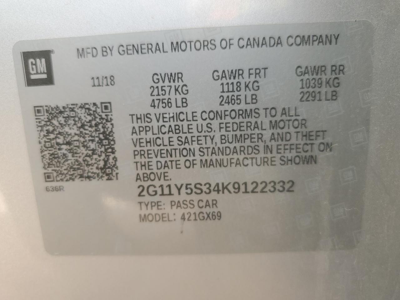 2019 Chevrolet Impala VIN 2G11Y5S34K9122332 Copart auction photo, front end / all over damage thumbnail 13
