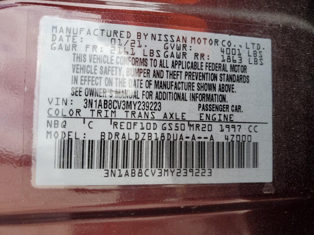 2021 Nissan Sentra VIN 3N1AB8CV3MY239223 Copart auction photo, side damage thumbnail 12
